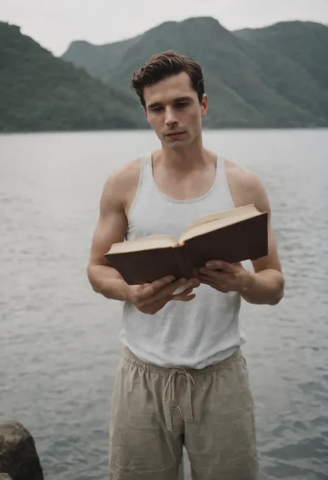 The man in the water holds a book in his hand, Retrato hiper-realista em um rio, Nadav Kander, alessio albi, retrato do livro, no lago