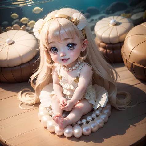 Cute Baby Chibi Anime,venusbody,The best smile,Sit on scallops,Pearl beige long hair,Royal Aquarium.