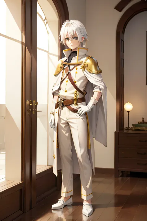 14 year old anime-style white-haired boy, wearing white linen shirt, olive green pants, brown fur cloak with white fur trim, medieval gauntlet gloves, standing, full body, looking at camera