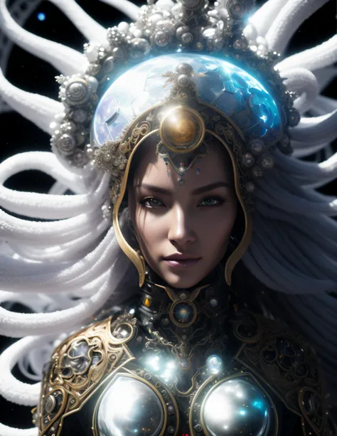 Algorithmically enhanced random close-up view of a beautiful Goddess covered in powerful Ultra Arcane magic sigils wearing an intricate living lightning fractal crown and lavishly adorned attire reflecting tactical sun-motes and diamond moon shards, quasi-...