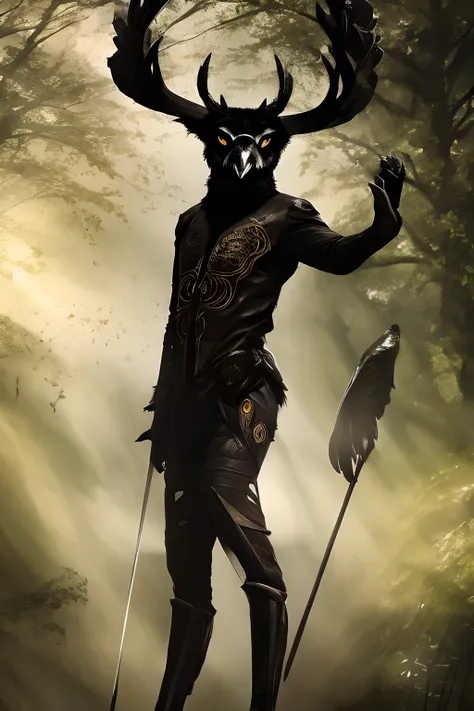 Masterpiece, highres, high Quality, humanoid creature with deer legs, deer head with owl face, black eyes,