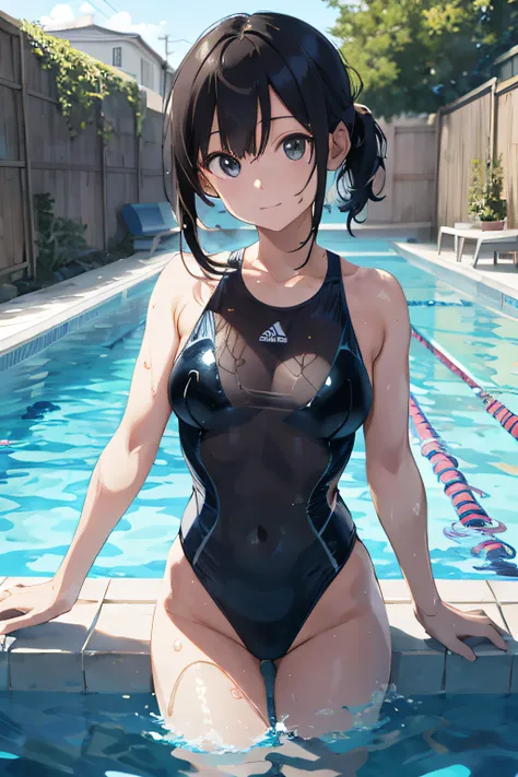 beautiful, masterpiece, best quality, hiqcgbody, anime, 1girl, medium breasts, olympic swimmer, transparent and Clear black swimsuit, portrait shot, looking at viewer, partially submerged, outdoor pool, wet skin, intricate details,>,((covered