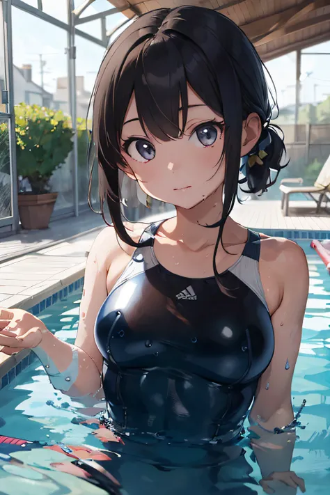 beautiful, masterpiece, best quality, hiqcgbody, anime, 1girl, medium breasts, olympic swimmer, transparent and Clear black swimsuit, portrait shot, looking at viewer, partially submerged, outdoor pool, wet skin, intricate details,>,((covered