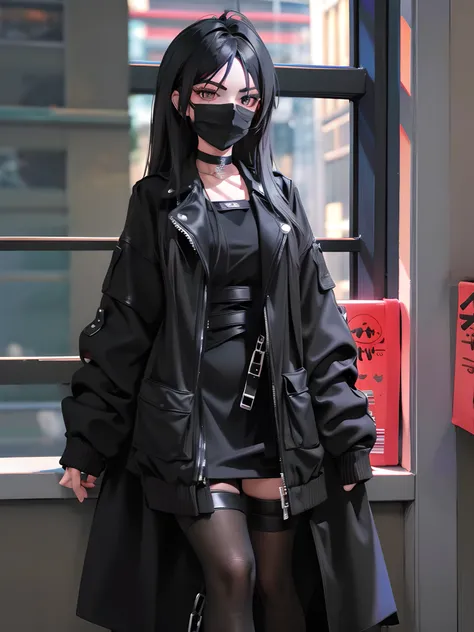 1 girl, long black hair, there is a 1 women standing with a mask on, wearing all black mask, wearing black/grey dress, choker jewelry, e-girl, anime goth girl, absurdres, high res, ultra sharp, 8K, masterpiece, looking at viewer