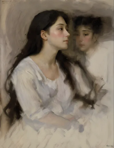 sargent, mucha, king, ctoil, Mary Cassatt, 1girl, black hair, long hair, realistic, profile, lips, closed mouth, shirt, brushstrokes