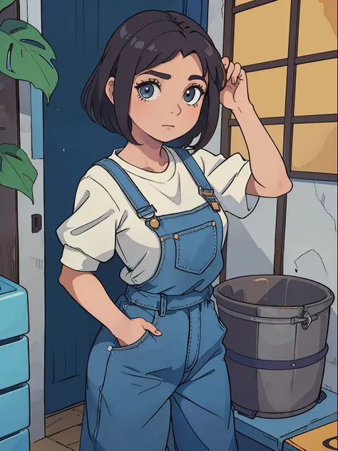 (Masterpieci)uma garota (solo),16 anos,pele clara,cabelos loiro,cabelo curto,wearing a short denim jumpsuit,botas marrom,seios grandes,bunda grande,numa fazenda,melhor qualidade,8k,corpo inteiro