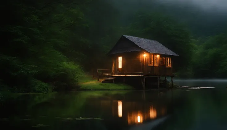 tempestade na floresta com muita neblina, uma cabine com janelas e portas iluminadas pela luz, a pond in front of the hut, Realistic, High Definition Cinematic Image