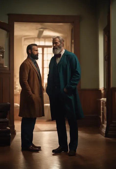 A tall, masculine, bearded man with disproportionately large feet and a slim fit physique stands in front of a middle-aged male doctor, who is noticeably shorter and not wearing shoes, but only socks