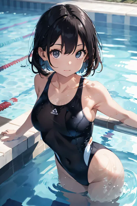 beautiful, masterpiece, best quality, hiqcgbody, anime, 1girl, medium breasts, olympic swimmer, transparent and Clear black swimsuit, portrait shot, looking at viewer, partially submerged, outdoor pool, wet skin, intricate details,>,((covered