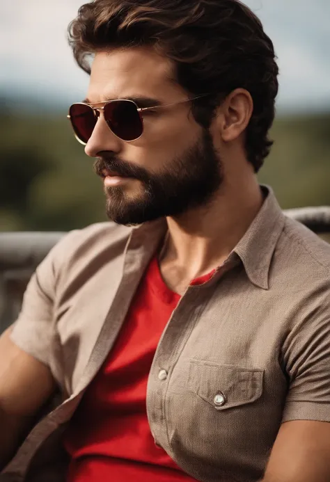 Theres a man in sunglasses and a beard wearing a red shirt, homem bonito, attractive and good looking, ele tem cerca de 30 anos, ele tem cerca de 3 0 anos de idade, cerca de 3 5 anos, with sun glasses, Macho bonito, 2 7 anos, Foto de perfil, 2 9 anos, boni...