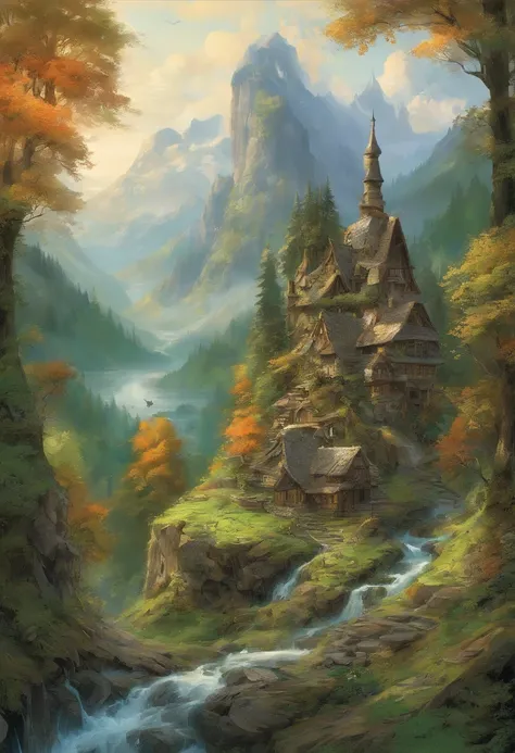 Gracefully nestled in the jagged embrace of towering, Green Mountains, Dieses himmlische Dorf ist ein Zeugnis der Harmonie der Elfen mit der Natur. Gegen den Steilhang, Emerald green terrain, Its houses and paths are a harmonious blend of elven craftsmansh...