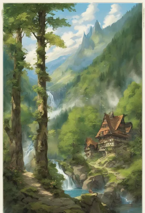 Gracefully nestled in the jagged embrace of towering, Green Mountains, Dieses himmlische Dorf ist ein Zeugnis der Harmonie der Elfen mit der Natur. Gegen den Steilhang, Emerald green terrain, Its houses and paths are a harmonious blend of elven craftsmansh...