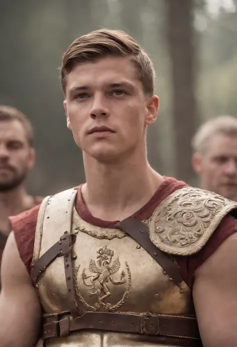 Alex Høgh Andersen as a Roman gladiator warrior, seminua e musculosa, Suado