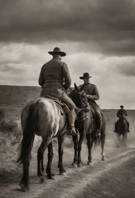 Old black and white photograph from 1900 showing revolutionary soldiers riding their horses on a rural dirt road.