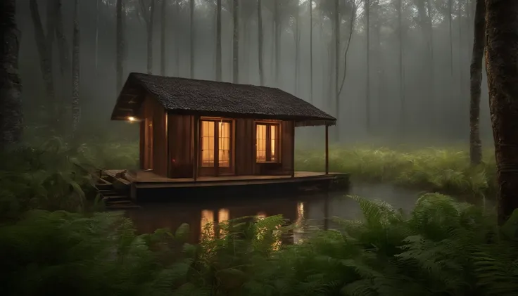 tempestade na floresta com muita neblina, uma cabine com janelas e portas iluminadas pela luz, respingos de chuva no telhado molhado, Wet vegetation, a pond in front of the hut, Realistic, High Definition Cinematic Image