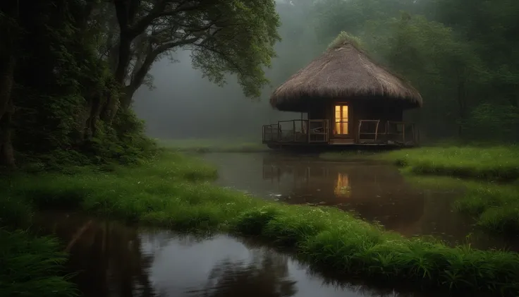 tempestade na floresta com muita neblina, uma cabine com janelas e portas iluminadas pela luz, respingos de chuva no telhado molhado, Wet vegetation, a pond in front of the hut, Realistic, High Definition Cinematic Image