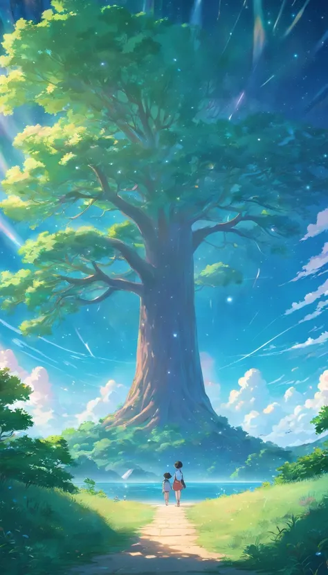 Illustration of a hyperrealistic scene, de outro mundo, Ultrasky with full body of a giant crystal tree, Very detailed and magical lighting, detalhes intrincados da floresta, vegetation and river around, solarpunk, paisagem, giant tree, beautiful leaves wi...