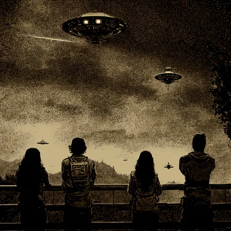 People are watching a big painting of a spaceship flying over them, populated with aliens and people, Retro Sci - Imagem de FI, Olhando para naves espaciais no cais, Ovnis, aliens in the background, ufo aliens, depicted as a scifi scene, space ship in the ...