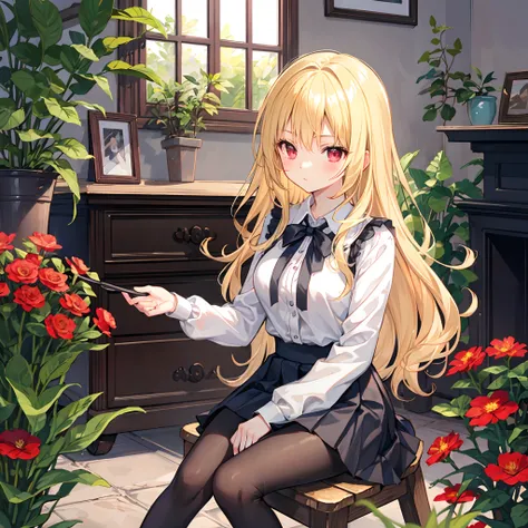 Wavy blonde、red eyes、Beautiful girl alone、a miniskirt、Black tights、flower  field、Sitting on a chair、