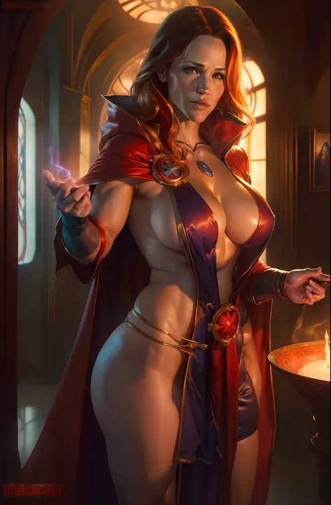 ((Jennifer Garner from Alias TV series) as Dr. strange), defined muscles, red hair, athletic build, (((naked))), (((no clothing))), highly detailed, sexy revealing lots of skin, large breasts, ((casting a spell)), ((wearing Dr. Stange cape), ((wearing Dr. ...