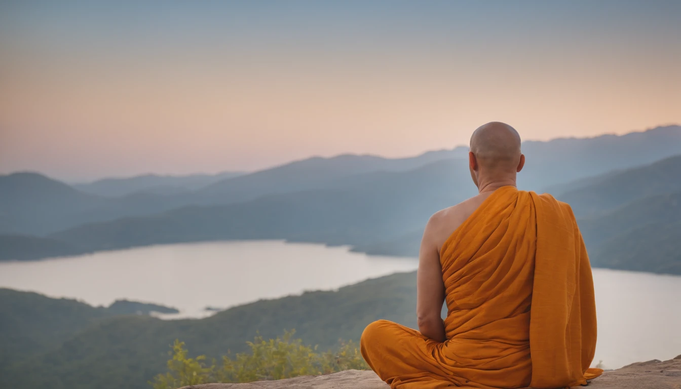 Mature monk sitting in meditation position, contemplando um horizonte lindo com o sol se pondo, Man is in deep connection with the divine, The landscape is ultra detailed, homem ultra realista, tudo bem detalhado e lindo, ultra qualidade. Realismo 8k