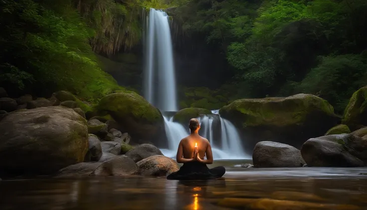 Monges budistas sentados com velas em frente a uma cachoeira, Meditando, natural scenery, music, ranhura, na floresta, exquisite scenery, ordination, HDR, 8k, Taxa de cobertura do Facebook