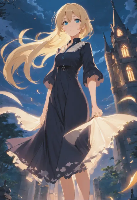 Create an image of a vampire woman, a descendant of the royal family of the magical world, floating in the air.  The woman has long blonde hair, blue eyes, and is wearing a black dress with white lace decorations.  In the background are moonlit old castles...