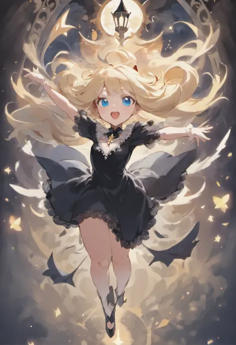 Create an image of a vampire woman, a descendant of the royal family of the magical world, floating in the air.  The woman has long blonde hair, blue eyes, and is wearing a black dress with white lace decorations.  In the background are moonlit old castles...