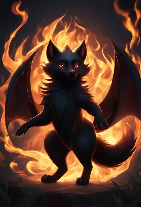 Black Nine-Tailed Fox　Flames Around　cute monster