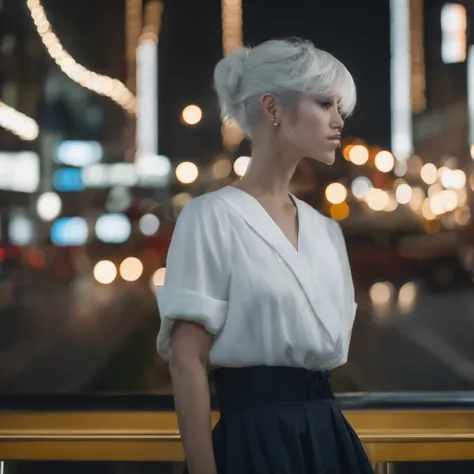 (8K, Raw photo, masutepiece:1.3), (Realistic, Photorealsitic:1.37), (Night), (Looking at Viewer:1.331), (White hair), Posing, on tokyo street, night cityscape, Cyberpunk City, Soft light, 1girl in, Extremely beautiful face, Bust, put down hands, Random hai...