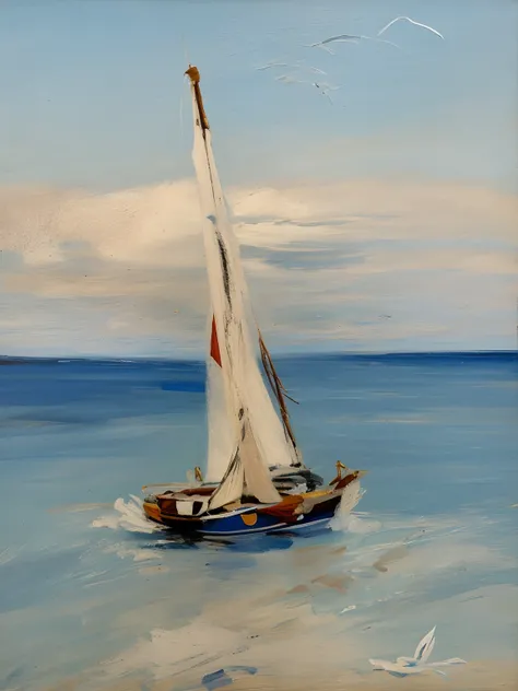 pintura de um veleiro no oceano, veleiros, veleiro, veleiros, veleiro, veleiros, inspirado em Francis Cadell, Directed by: Ricardo Carline, Sailboats on the water,, inspirado por Carl Eugen Keel, velas rasgadas, no mar, inspirado em Alfred Wallis, vela des...