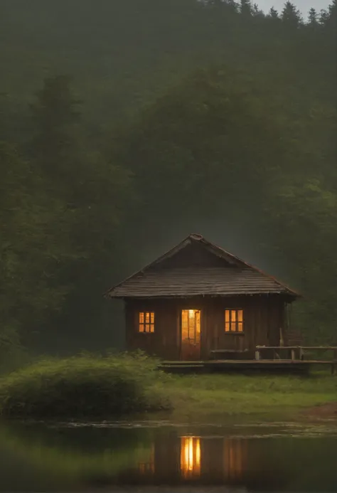 tempestade na floresta com muita neblina, uma cabine com janelas e portas iluminadas pela luz, a pond in front of the hut, Realistic, High Definition Cinematic Image