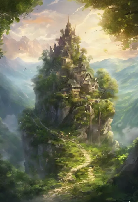 Gracefully nestled in the jagged embrace of towering, Green Mountains, This ethereal elf village is a testament to the harmonious connection between elven craftsmanship and nature. Gegen den Steilhang gelehnt, Emerald green terrain, Its houses and paths ar...