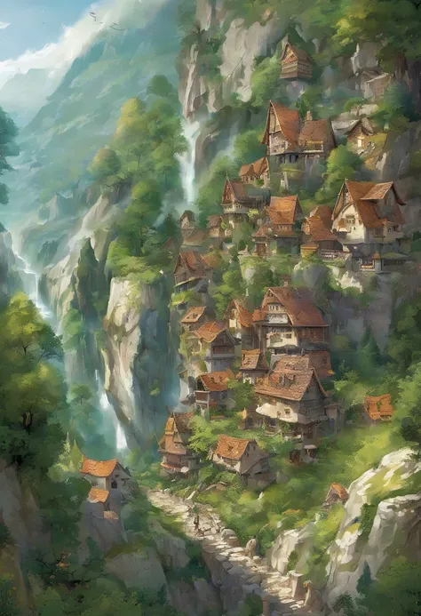 Gracefully nestled in the jagged embrace of towering, Green Mountains, This ethereal elf village is a testament to the harmonious connection between elven craftsmanship and nature. Gegen den Steilhang gelehnt, Emerald green terrain, Its houses and paths ar...