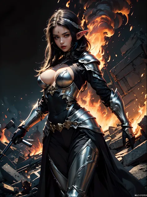 (masterpiece, top quality, best quality, official art, beautiful and aesthetic:1.2), (1 (((sexy))) elf girl:1.3), (((black shapeless hair))), sexy black and silver armor, extremely detailed armor, (colorful), highest detail, (dynamic pose)), ((battlefield ...