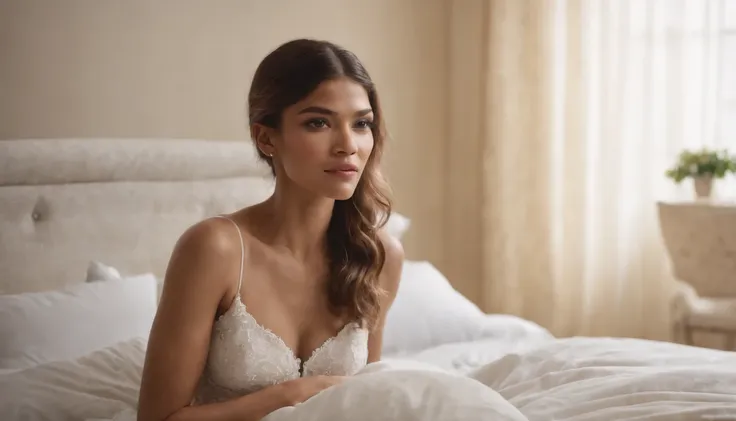 Zendaya deitada na cama se exibindo sexualmente,pele ultra realista, ((Hiper realista)), ((cena do filme)), ampla abertura, 8K BRUTO, high efficiency subpixels, sub-pixel convolution, glow particles