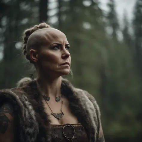 Bald Viking woman, angry, tatooed, forest, cloudy sky, epic, detailed, 4k