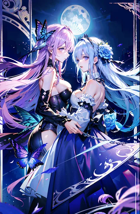 ((In medieval streets，2 girls，Twin sisters))，silber hair，butterflys，long whitr hair，8k wallpaper，detailedbackground，Highest high resolution，deep v big breasts，Hair over eyes，Bandeau，Purple roses，tight-fitting，themoon，stocklings，