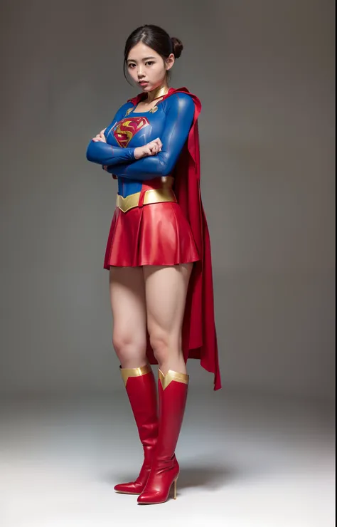 (((Make the most of the original image)))、(((Supergirl Costume)))、(((lustrous dark hair)))、(((Suffering)))、(((Feet must necessarily be worn with black tights)))、(((You need to wear red boots)))、((Top image quality、8K))、((top-quality、8K、​masterpiece:1.3))、C...