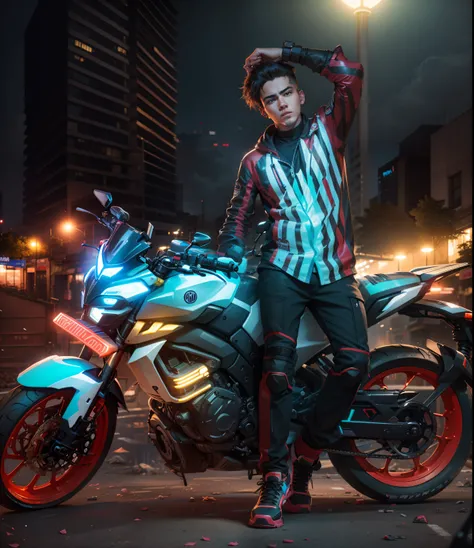 23 year old boy,Big Street poster, street,street neon poster,neon, big neon Street poster,Street neon light come to back, neon light,realistic, MT 15, Yamaha MT 15, Yamaha MT 15 bike,