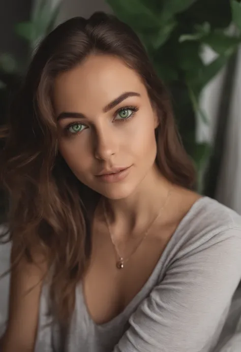 arafed woman with a white tank top and a necklace, sexy girl with green eyes, portrait sophie mudd, brown hair and large eyes, selfie of a young woman, bedroom eyes, violet myers, without makeup, natural makeup, looking directly at the camera, face with ar...