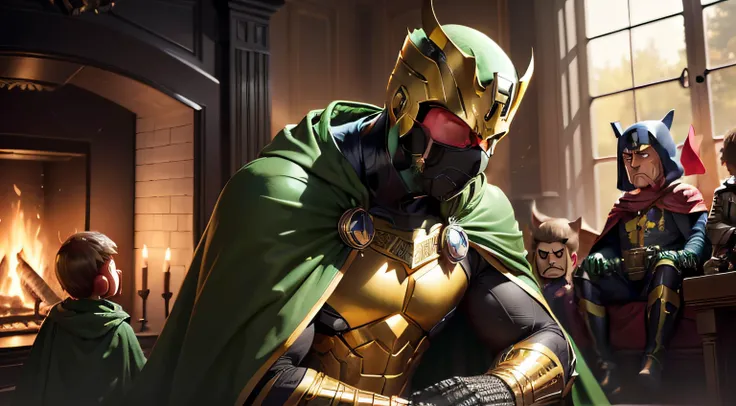 (((best image))) (((highly detailed))) close-up of a man wearing a green metallic yellow mask and cape resembling a marvel hero sitting in front of a fireplace surrounded by curious children