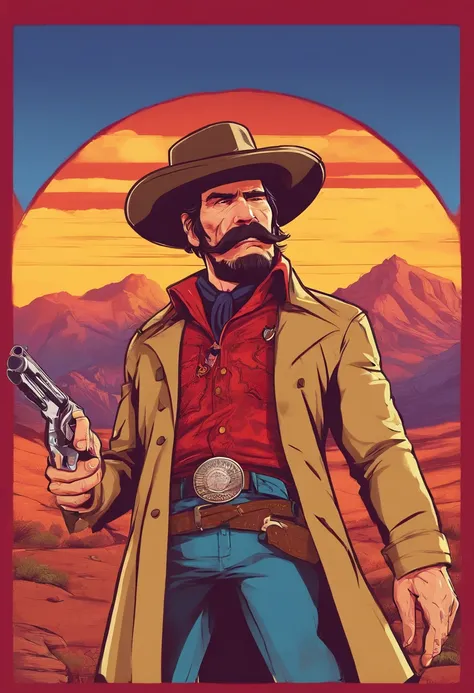 Red Dead Redemption 2 illustration style，Sheriff Curtis Malloy，Wear a Nevada hat,Khaki coat，Blue vest and white shirt，There is mustache