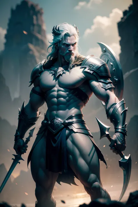 warrior with A bow made from a fishbone withA fish-shaped sword a fish-shaped shield looking angry mighty greek gods redo full concern, ultra-detailed skin, full-body muscular look, very high details, 8K, depth of field, behance photography, cinematic colo...