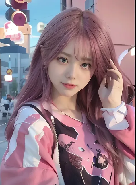 Pink hair color，Long-haired girl cosplay, ，white  clothes，Blue pupil，Reduces hair density，Happy expression，The number of hair in a normal person，Remove excess hair