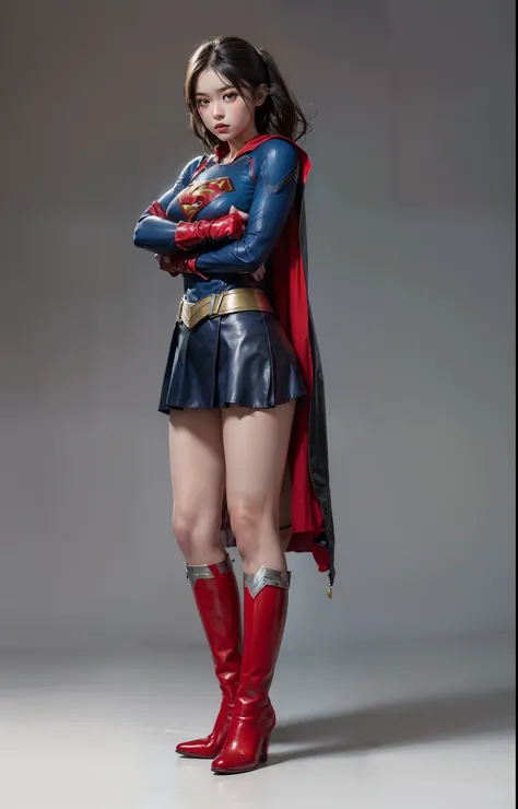 (((Make the most of the original image)))、(((Supergirl Costume)))、(((lustrous dark hair)))、(((Suffering)))、(((Feet must necessarily be worn with black tights)))、(((You need to wear red boots)))、((Top image quality、8K))、((top-quality、8K、​masterpiece:1.3))、C...