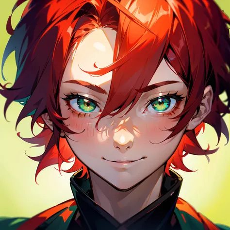 Red hair, short detailed hair, Green eyes, Headshot, Light smile, 8K, Super detail, Textured skin，Libido boy