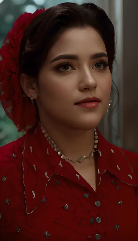 Mulher em foto profissional, Realistic, detalhada, cinematografic, com vestido vermelho