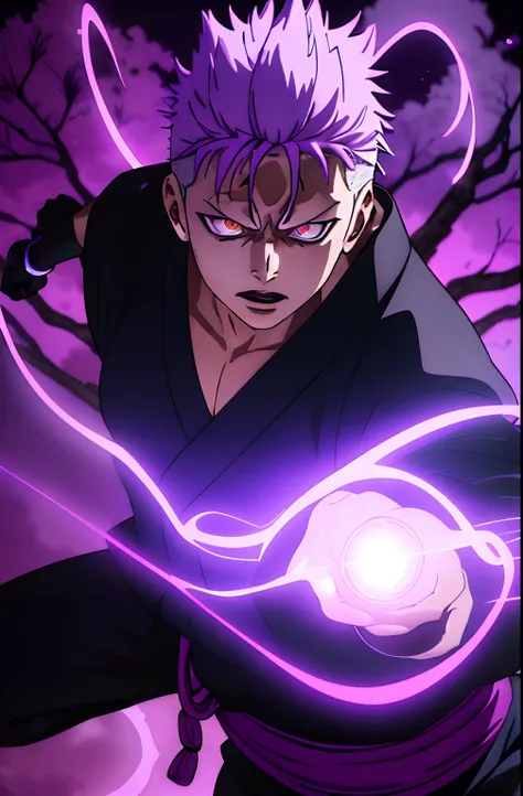 (best quality,highres),boy,Gojo (Jujutsu Kaisen) performing the purple attack,purple energy,glowing purple eyes,powerful aura,mysterious atmosphere,dynamic pose,releasing his cursed technique,blue school uniform,white hair,sakura trees in the background,du...