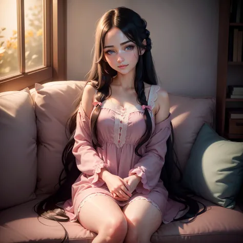 beautiful girl with long black hair tied back, wearing a long-sleeved pink nightgown, sitting on a blue sofa, beautiful eyes, bright brown pupils, cute little nose, rosy cheeks, thin lips with a warm smile, midjourney style super realistic hyperrealistic d...